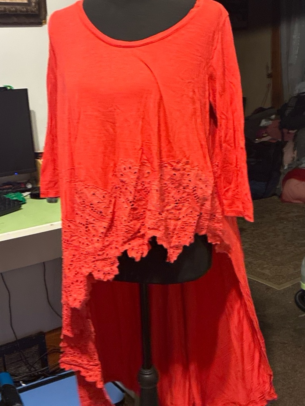 Free People red Hi-Low Lace-Trim Tunic